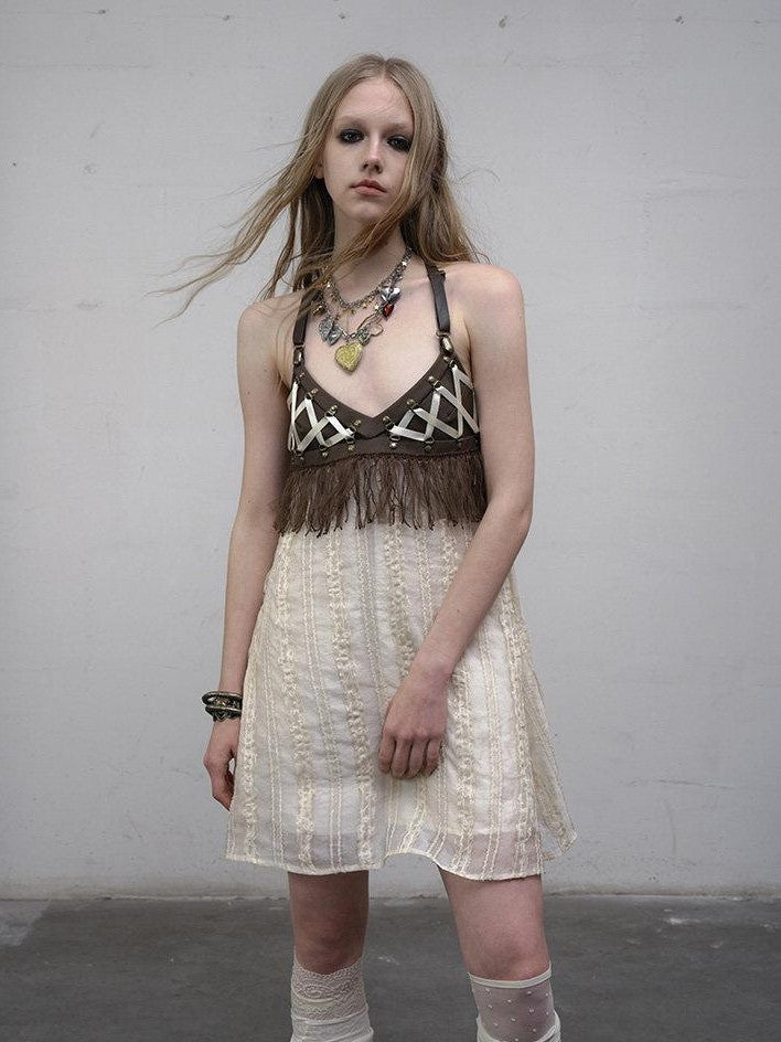 NO ROMANCE Khaki Vintage Punk Patchwork Leather Lace Up A Line Women'S Slip Midi Dresses