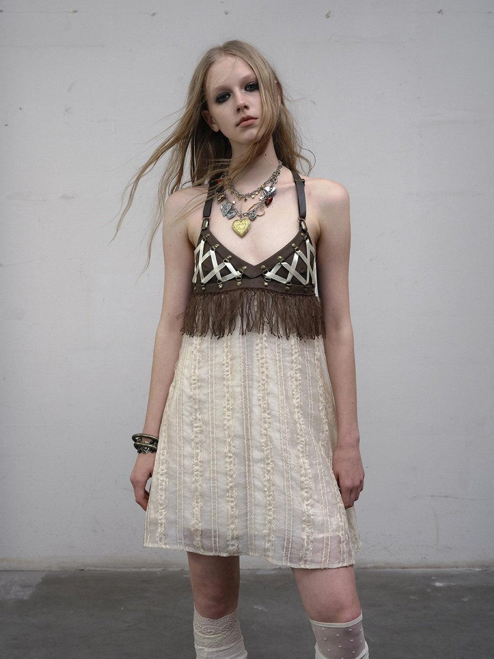 NO ROMANCE Khaki Vintage Punk Patchwork Leather Lace Up A Line Women'S Slip Midi Dresses
