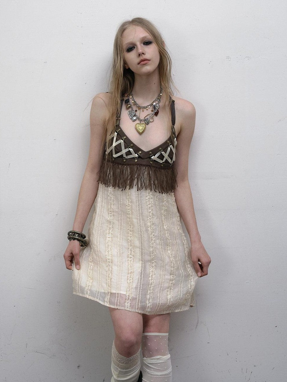 NO ROMANCE Khaki Vintage Punk Patchwork Leather Lace Up A Line Women'S Slip Midi Dresses