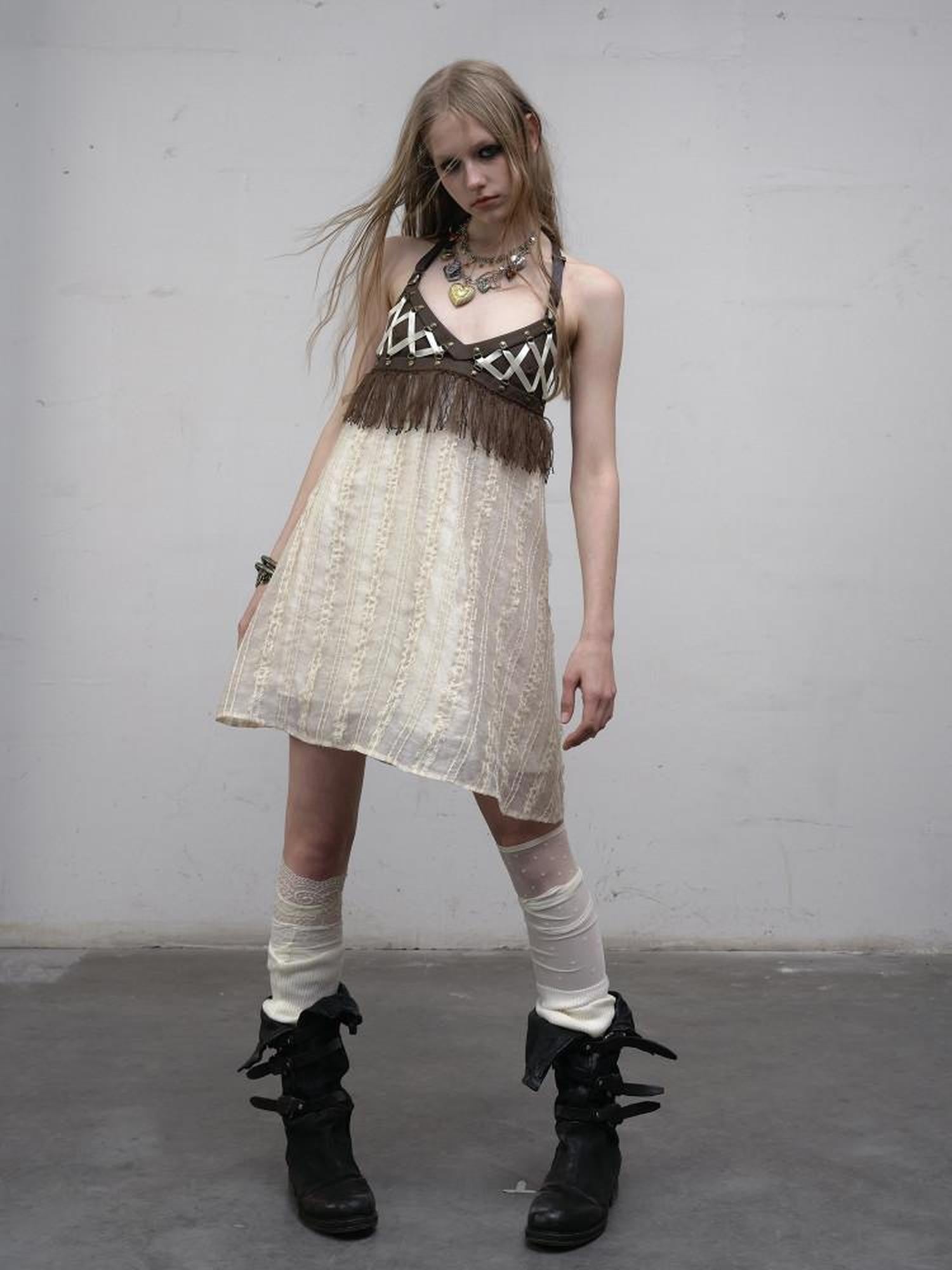 NO ROMANCE Khaki Vintage Punk Patchwork Leather Lace Up A Line Women'S Slip Midi Dresses