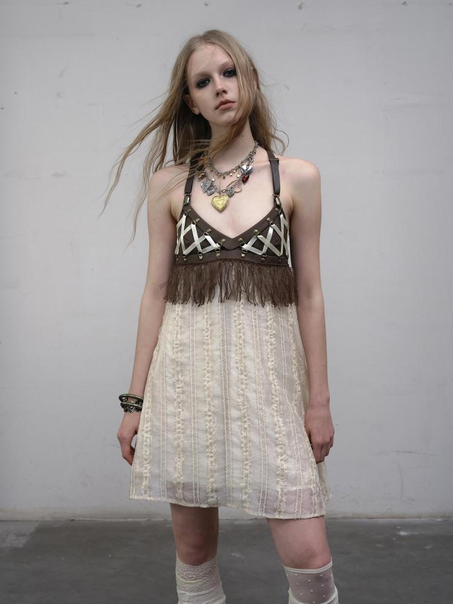 NO ROMANCE Khaki Vintage Punk Patchwork Leather Lace Up A Line Women'S Slip Midi Dresses
