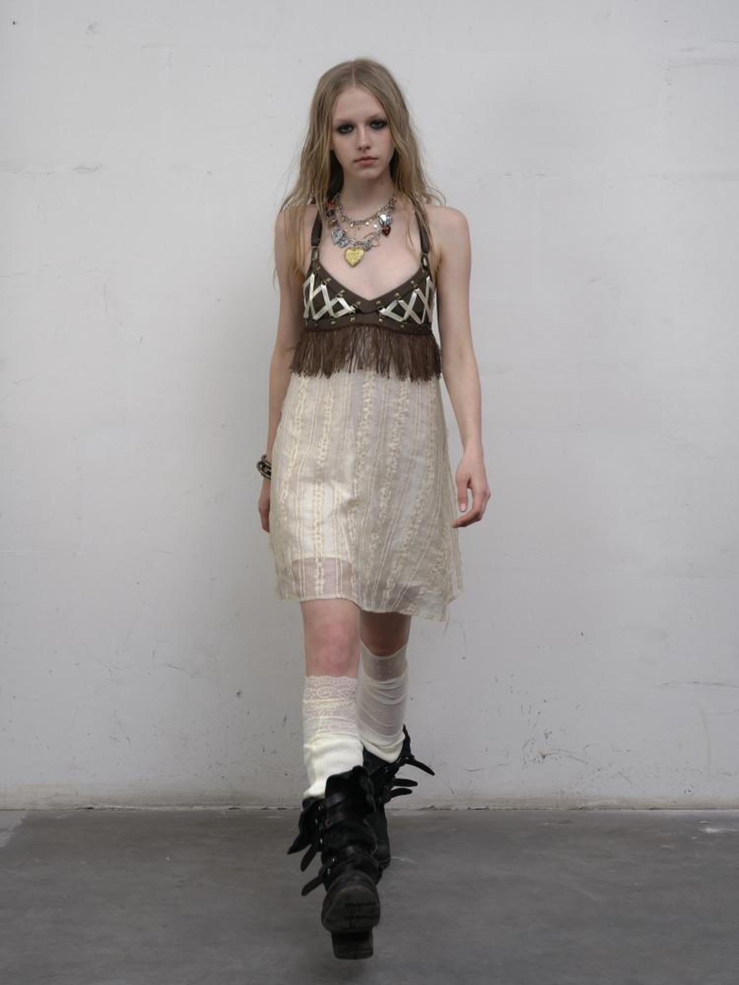 NO ROMANCE Khaki Vintage Punk Patchwork Leather Lace Up A Line Women'S Slip Midi Dresses