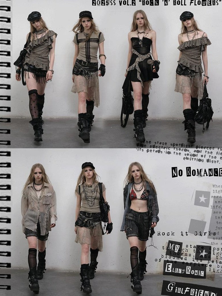 NO ROMANCE Khaki Vintage Punk Patchwork Leather Lace Up A Line Women'S Slip Midi Dresses