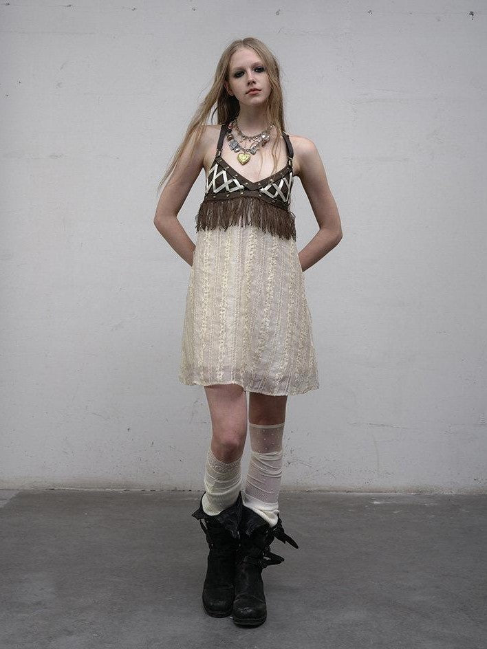 NO ROMANCE Khaki Vintage Punk Patchwork Leather Lace Up A Line Women'S Slip Midi Dresses