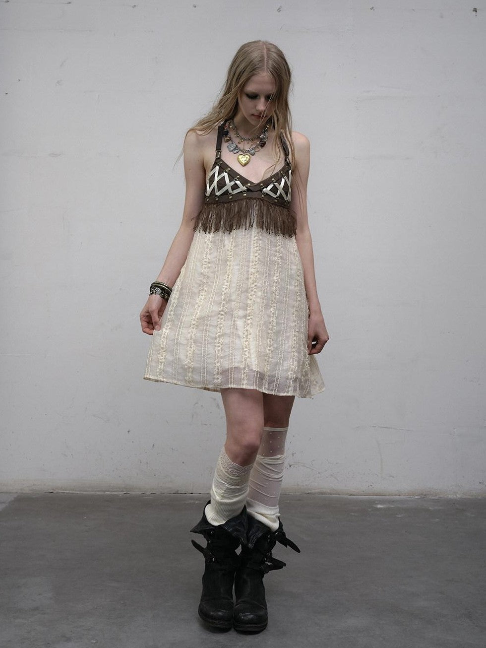 NO ROMANCE Khaki Vintage Punk Patchwork Leather Lace Up A Line Women'S Slip Midi Dresses