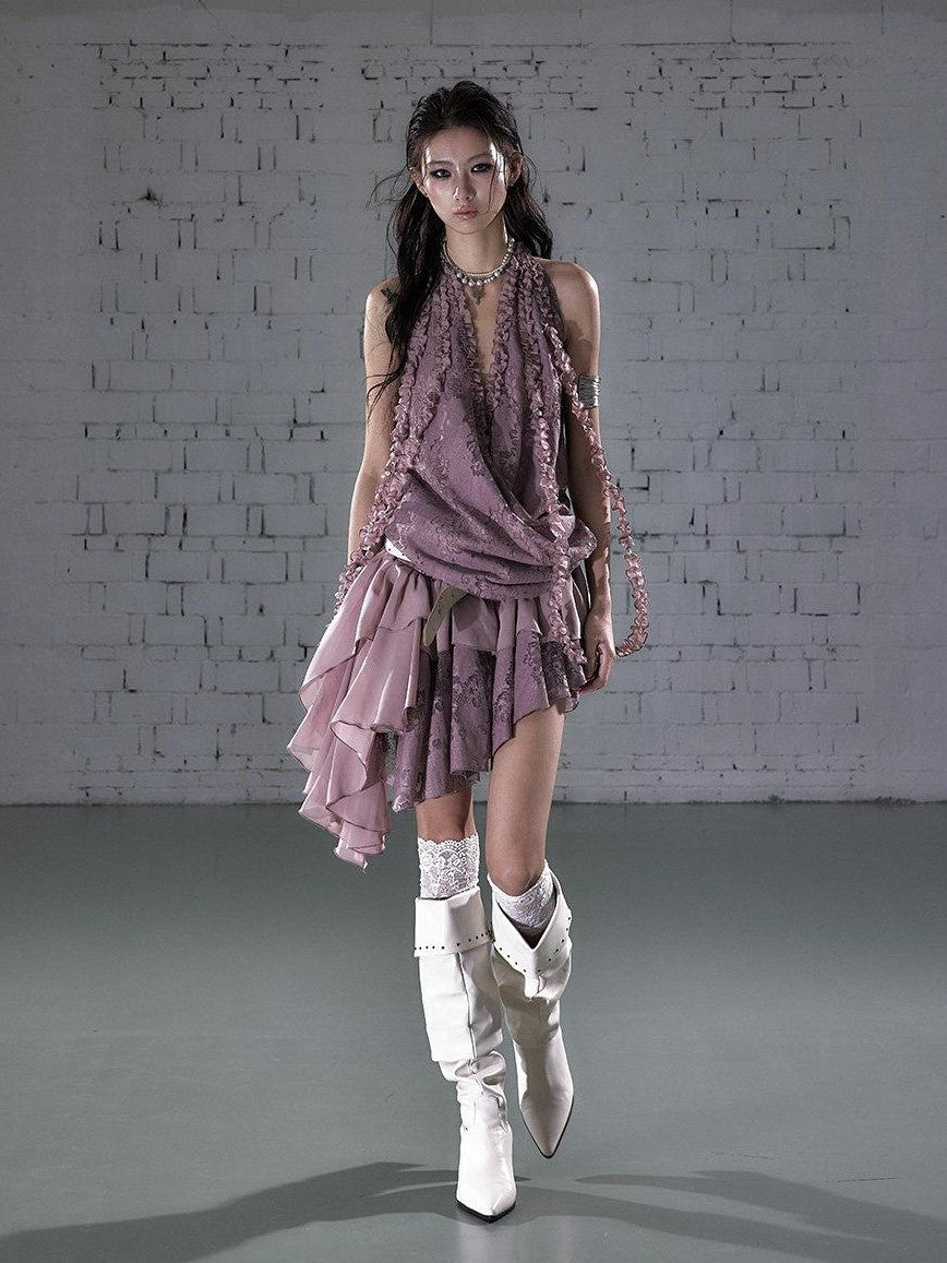 NO ROMANCE Lace Lettuce Hem Asymmetrical Layered Halter Women'S Lace Mini Dresses
