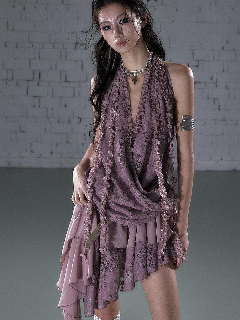 NO ROMANCE Lace Lettuce Hem Asymmetrical Layered Halter Women'S Lace Mini Dresses