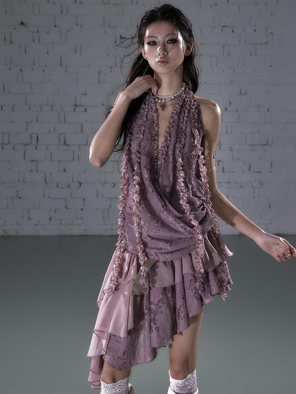 NO ROMANCE Lace Lettuce Hem Asymmetrical Layered Halter Women'S Lace Mini Dresses