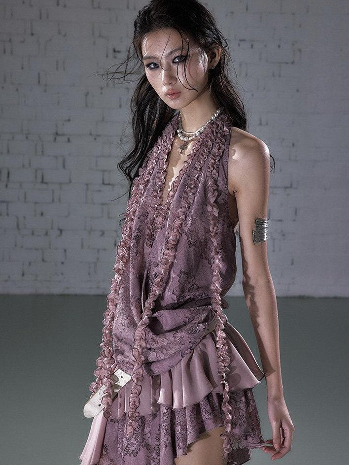 NO ROMANCE Lace Lettuce Hem Asymmetrical Layered Halter Women'S Lace Mini Dresses