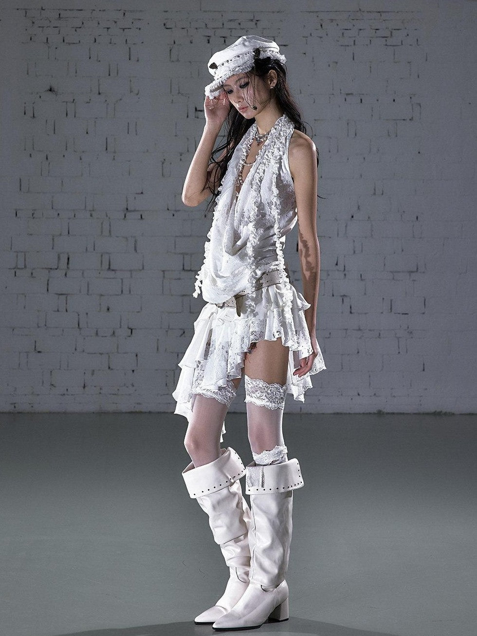NO ROMANCE Lace Lettuce Hem Asymmetrical Layered Halter Women'S Lace Mini Dresses