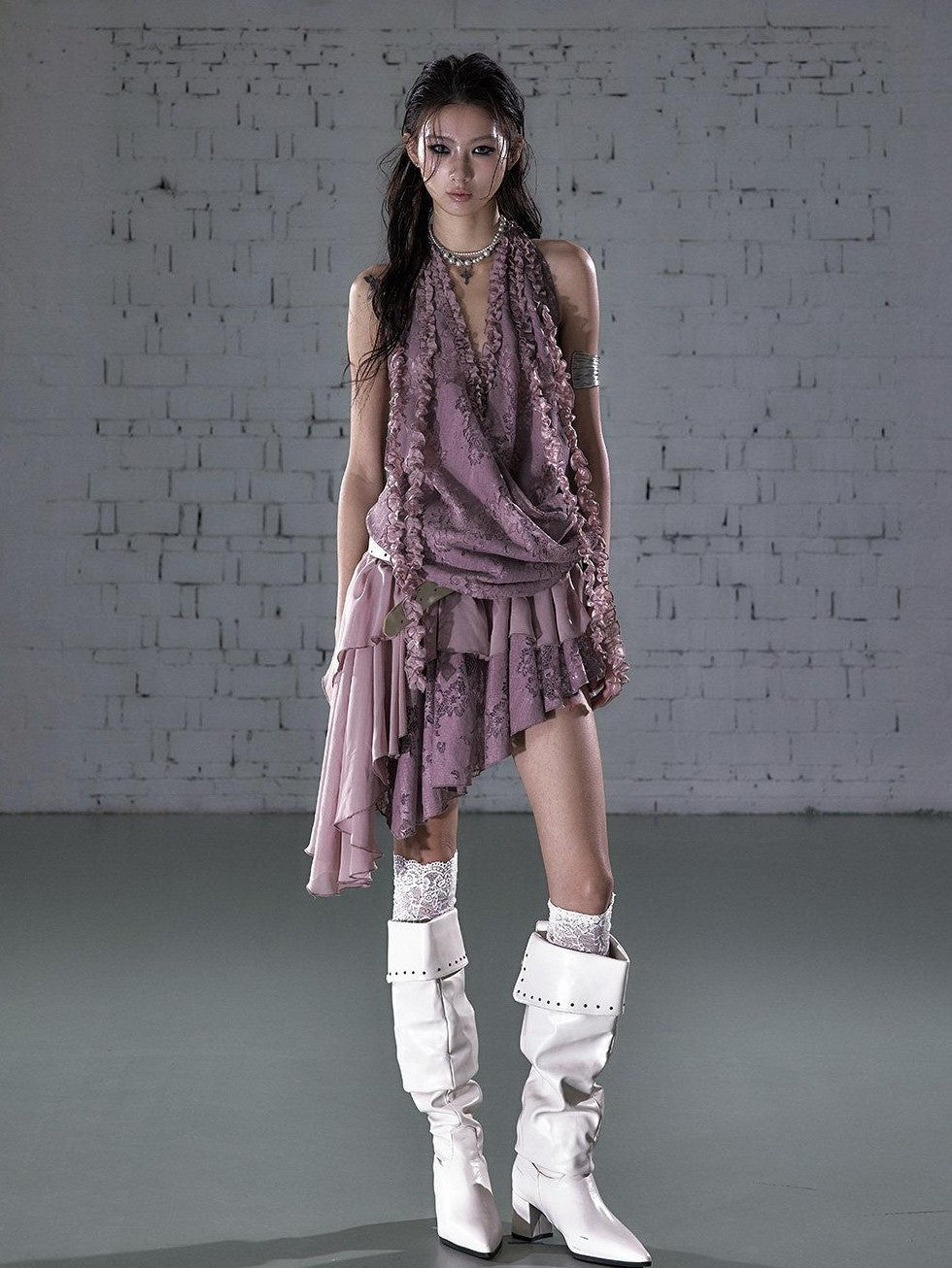 NO ROMANCE Lace Lettuce Hem Asymmetrical Layered Halter Women'S Lace Mini Dresses