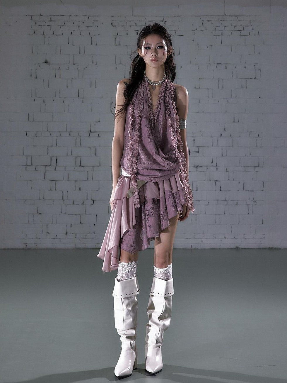 NO ROMANCE Lace Lettuce Hem Asymmetrical Layered Halter Women'S Lace Mini Dresses