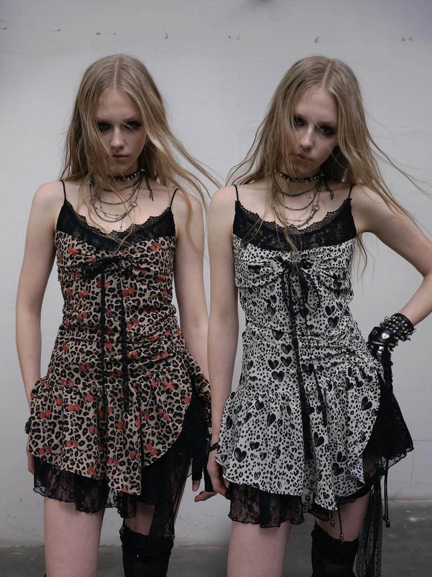 NO ROMANCE Leopard Print Heart Lace Splice Slimming Women'S Polyester Slip Mini Dresses