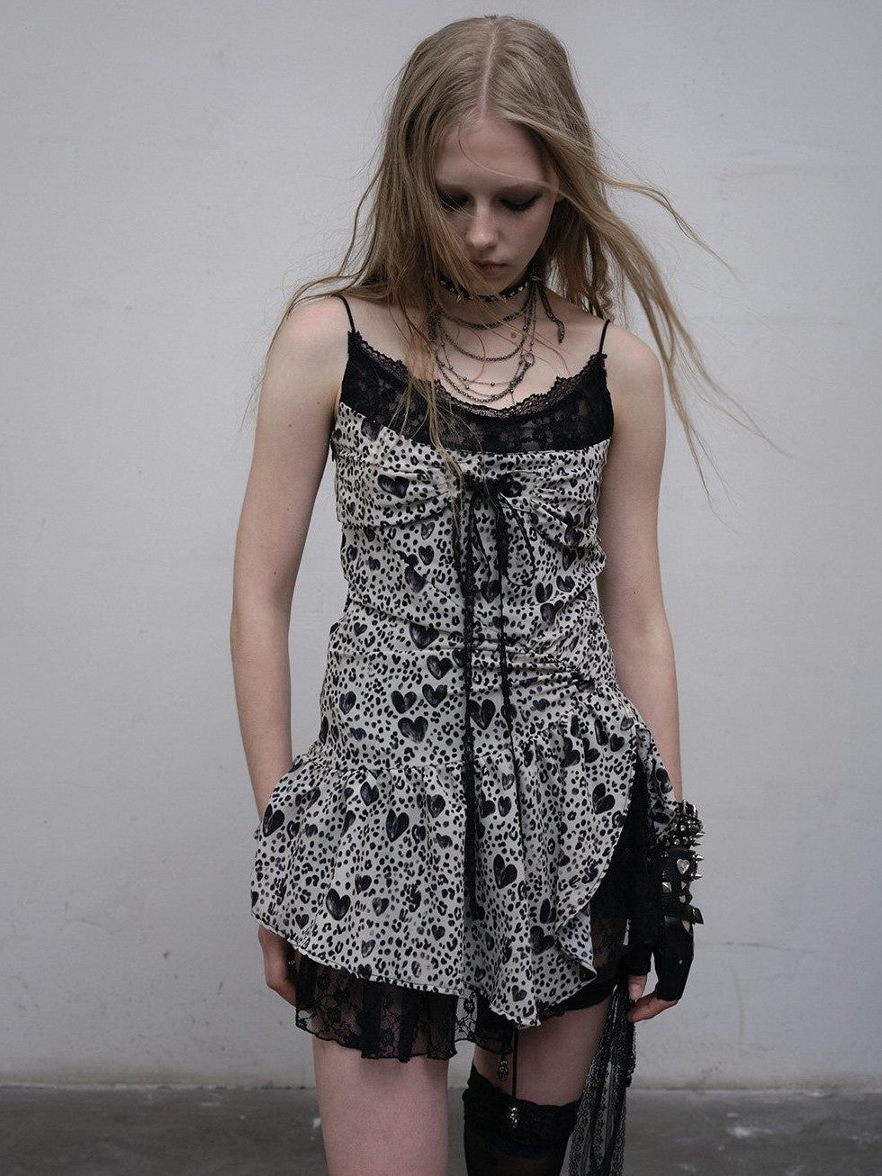 NO ROMANCE Leopard Print Heart Lace Splice Slimming Women'S Polyester Slip Mini Dresses