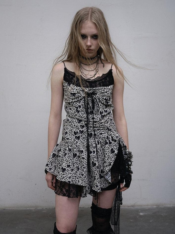 NO ROMANCE Leopard Print Heart Lace Splice Slimming Women'S Polyester Slip Mini Dresses