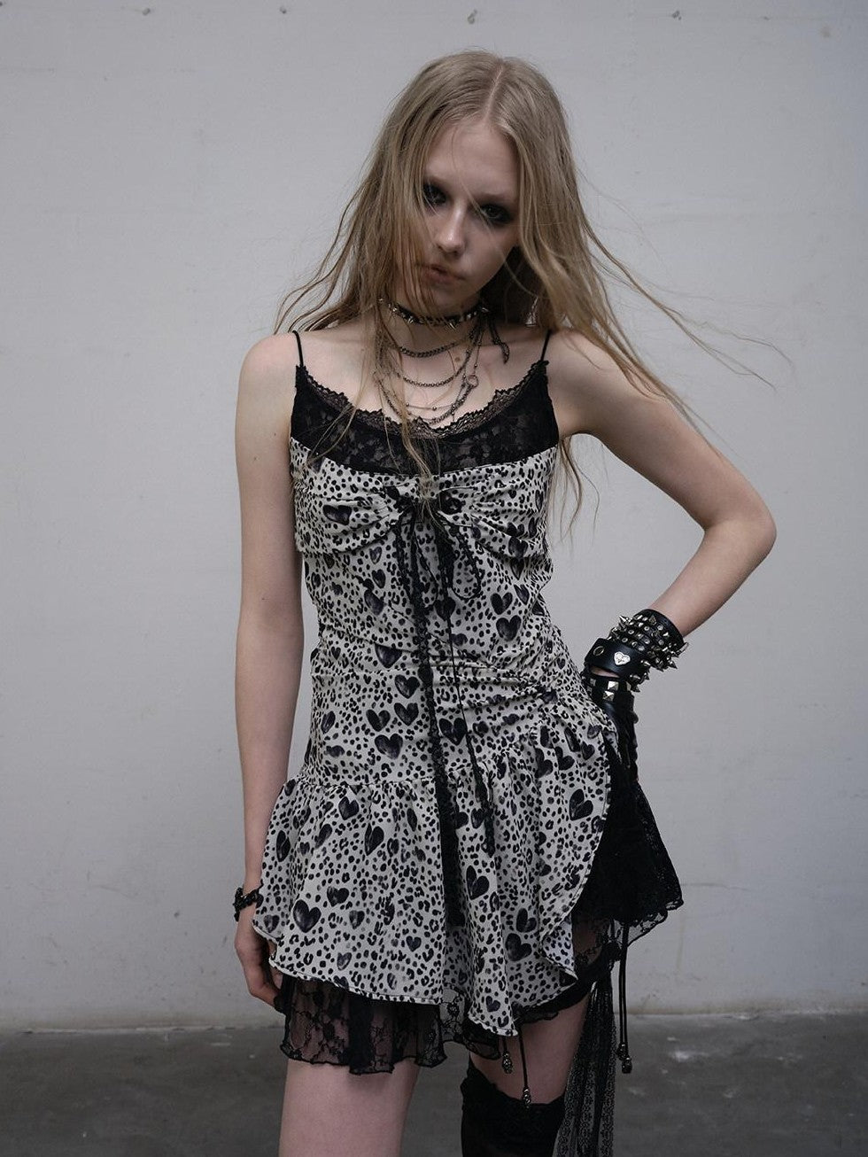 NO ROMANCE Leopard Print Heart Lace Splice Slimming Women'S Polyester Slip Mini Dresses