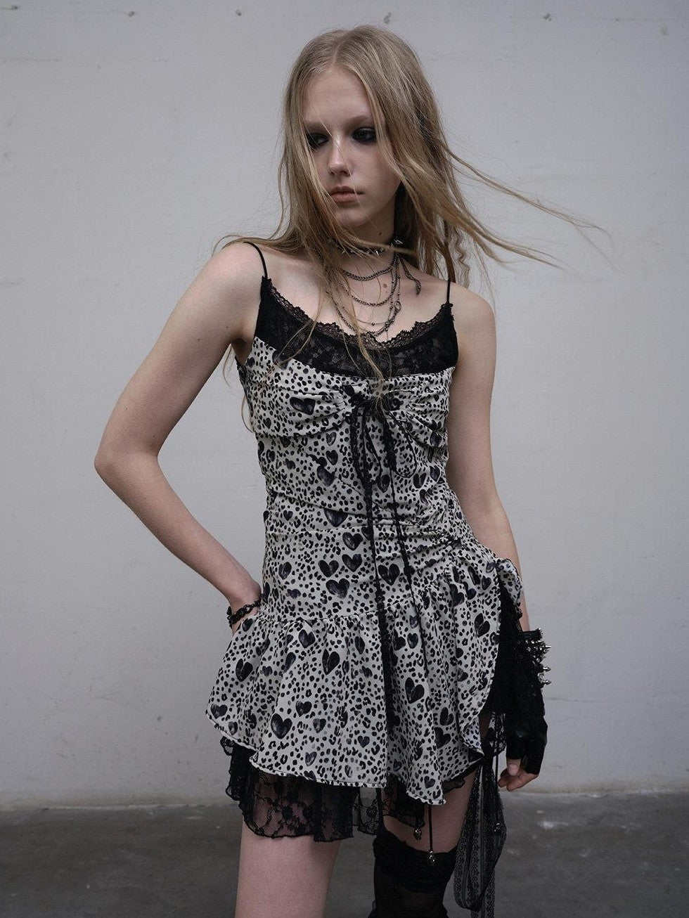 NO ROMANCE Leopard Print Heart Lace Splice Slimming Women'S Polyester Slip Mini Dresses