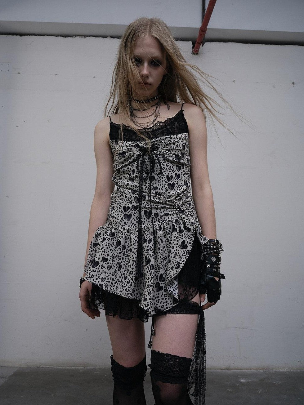 NO ROMANCE Leopard Print Heart Lace Splice Slimming Women'S Polyester Slip Mini Dresses