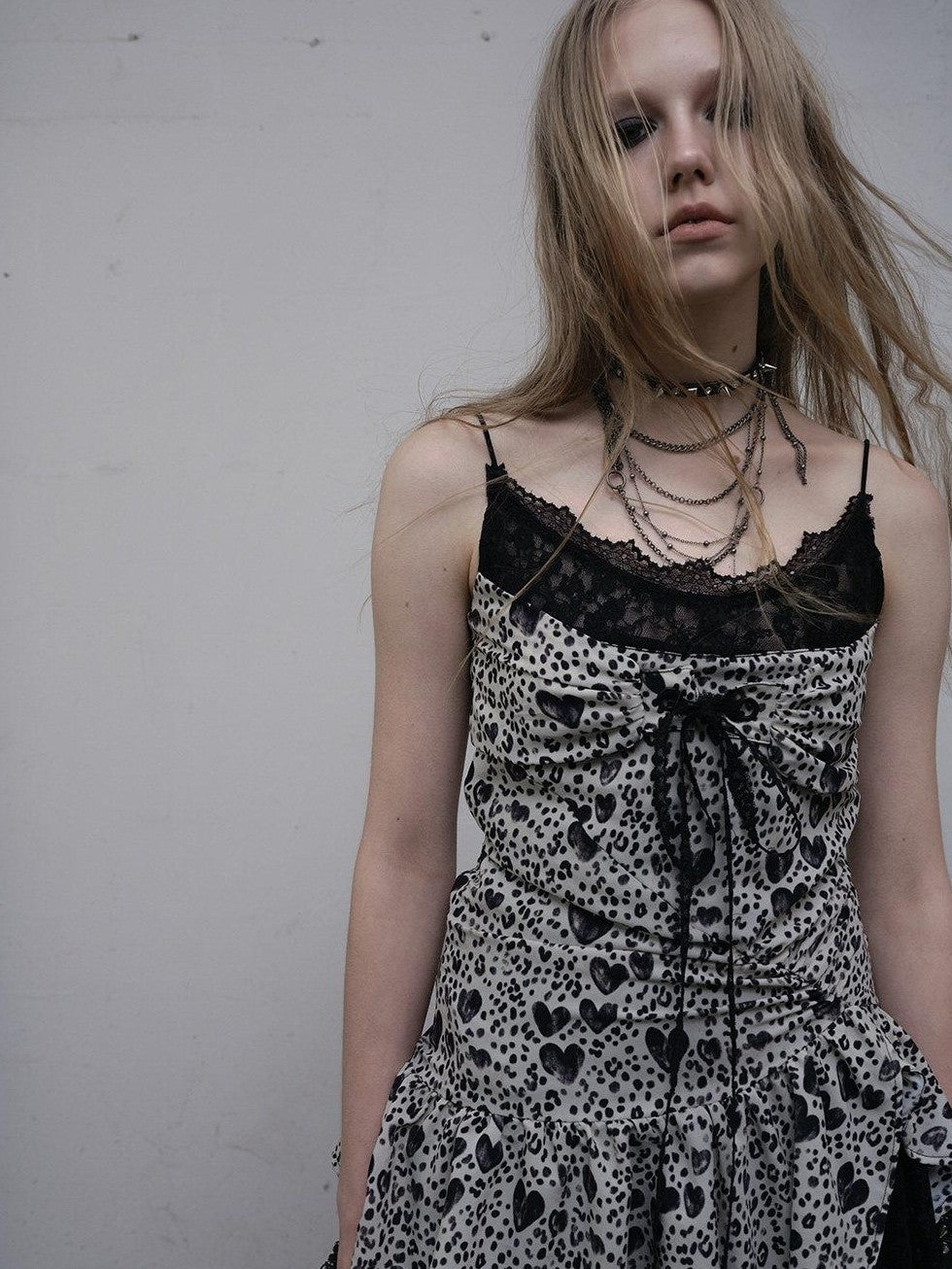 NO ROMANCE Leopard Print Heart Lace Splice Slimming Women'S Polyester Slip Mini Dresses