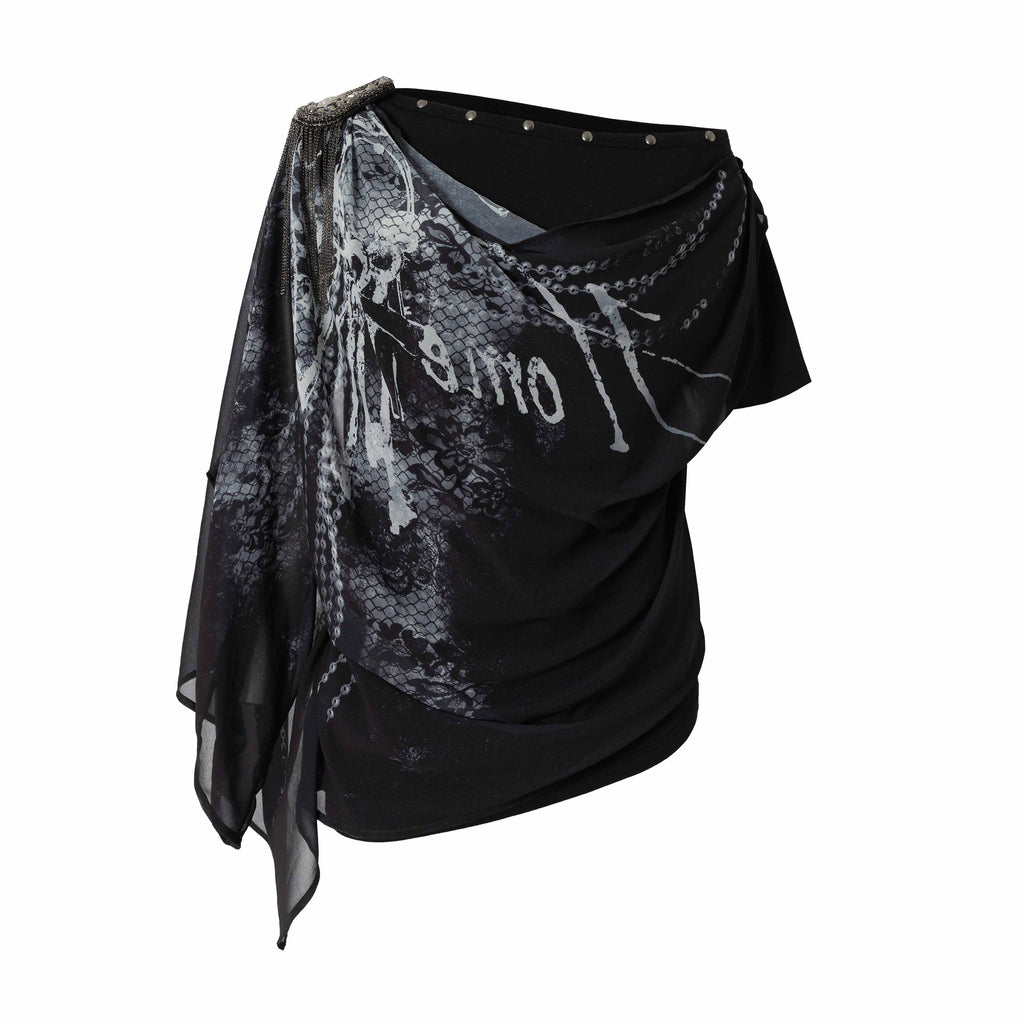 NO_ROMANCE_Letter_Print_Cowl_Off_Shoulder_Faux_Layer_Women'S_Chiffon_Short_Sleeve_T-Shirts_MISSTT