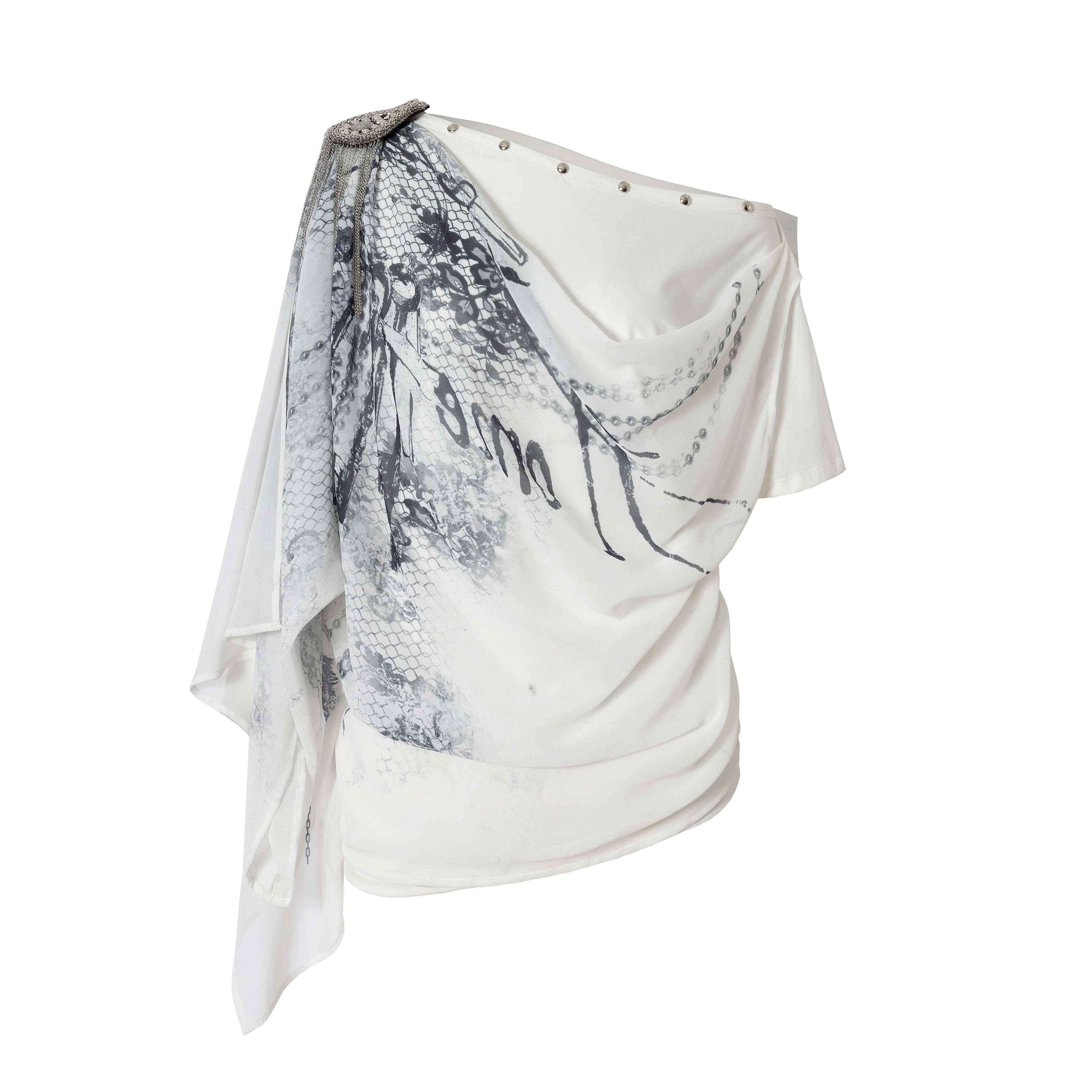 NO_ROMANCE_Letter_Print_Cowl_Off_Shoulder_Faux_Layer_Women'S_Chiffon_Short_Sleeve_T-Shirts_MISSTT