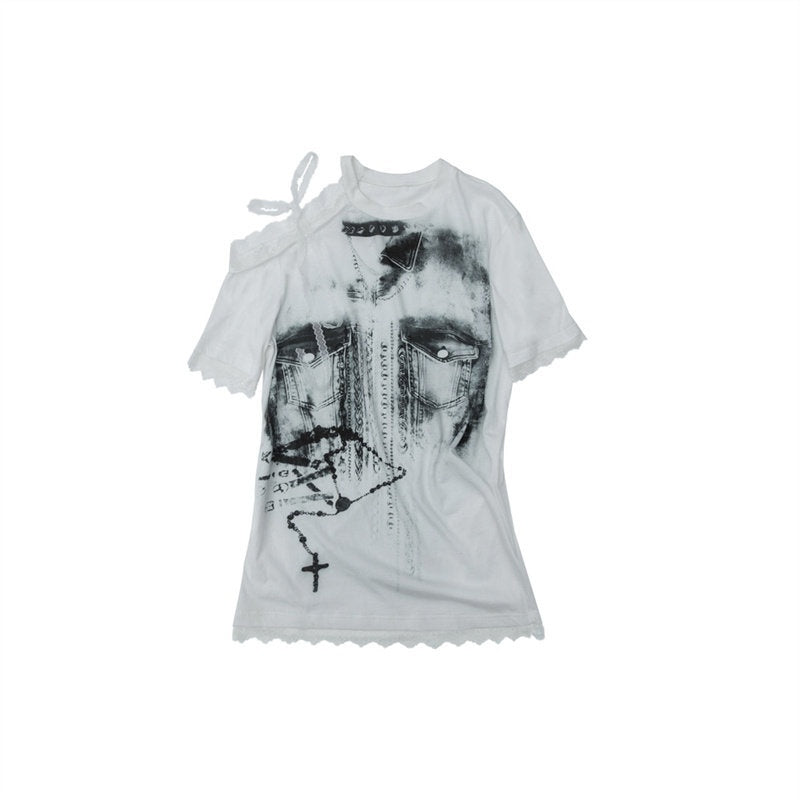 NO_ROMANCE_Off_Shoulder_Printed_Lace_Patchwork_Women'S_Cotton_Blend_Short_Sleeve_T-Shirts_MISSTT