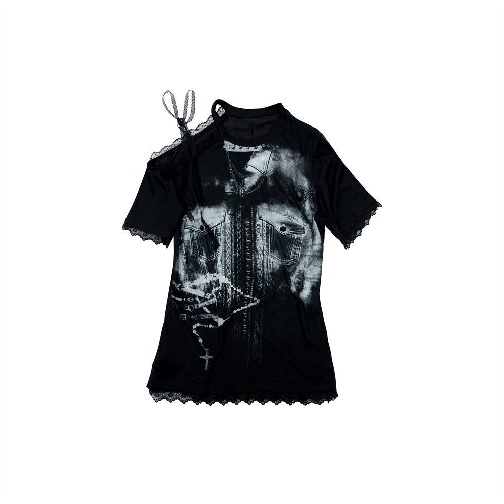 NO_ROMANCE_Off_Shoulder_Printed_Lace_Patchwork_Women'S_Cotton_Blend_Short_Sleeve_T-Shirts_MISSTT