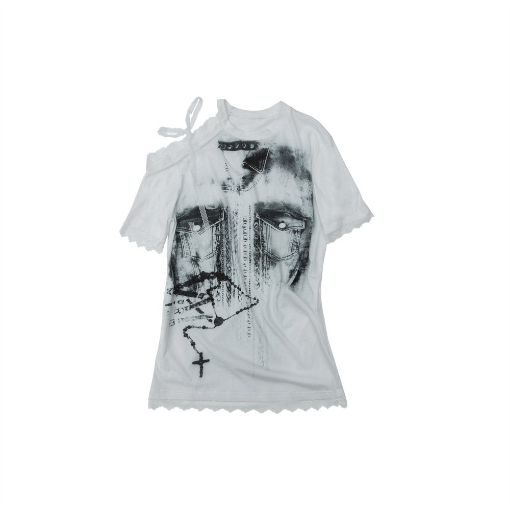 NO_ROMANCE_Off_Shoulder_Printed_Lace_Patchwork_Women'S_Cotton_Blend_Short_Sleeve_T-Shirts_MISSTT