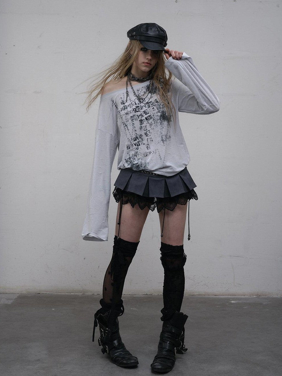 NO ROMANCE One Shoulder Relaxed Punk Print Women'S Polyester Spandex Long Sleeve T-Shirts