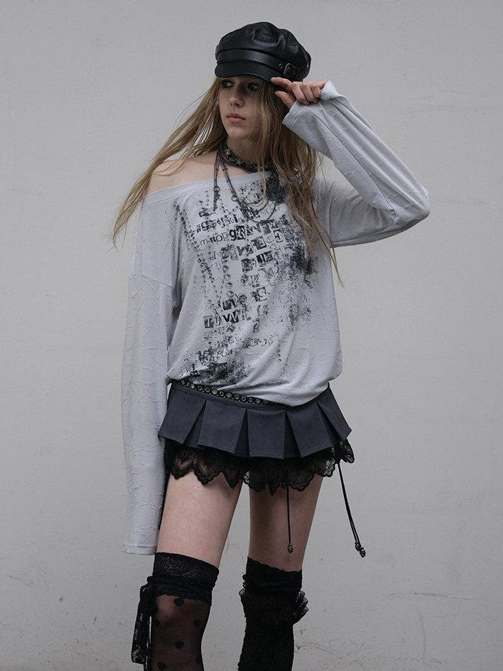 NO ROMANCE One Shoulder Relaxed Punk Print Women'S Polyester Spandex Long Sleeve T-Shirts