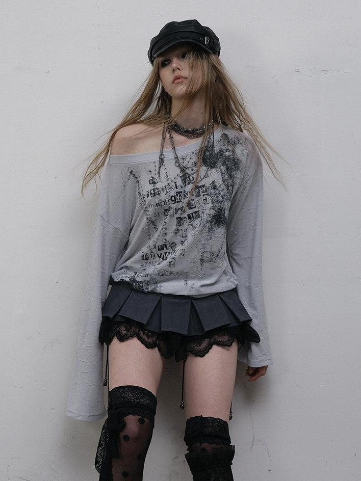 NO ROMANCE One Shoulder Relaxed Punk Print Women'S Polyester Spandex Long Sleeve T-Shirts