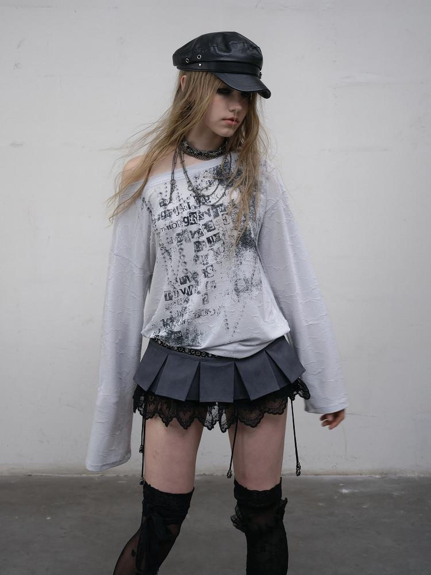 NO ROMANCE One Shoulder Relaxed Punk Print Women'S Polyester Spandex Long Sleeve T-Shirts
