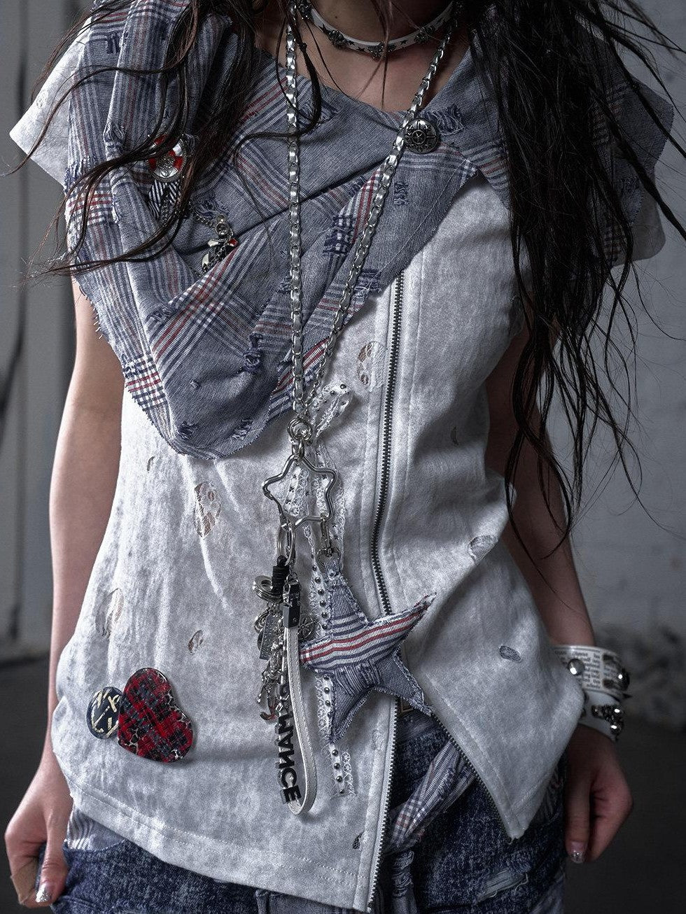 NO ROMANCE Pentagram Punk Rock Chain Women'S Lace Rhinestone Metal Keychains