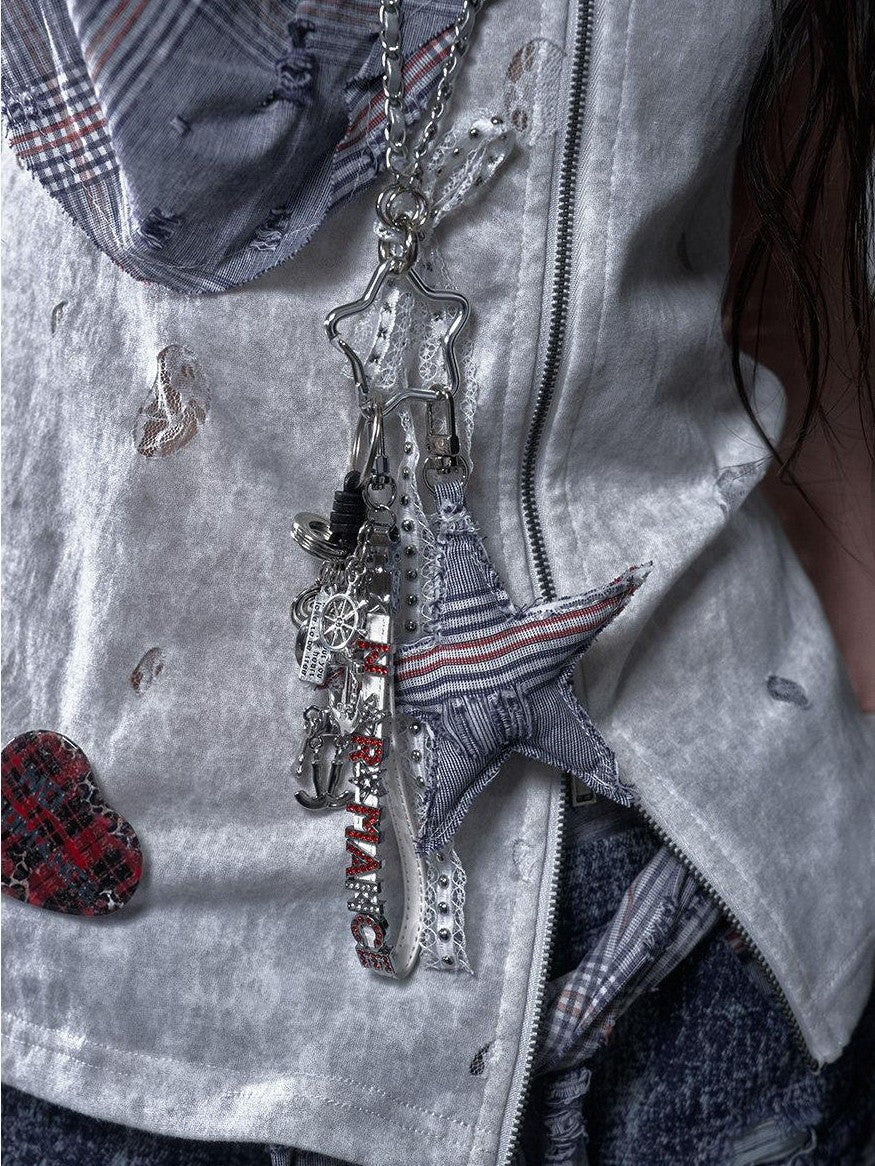 NO ROMANCE Pentagram Punk Rock Chain Women'S Lace Rhinestone Metal Keychains