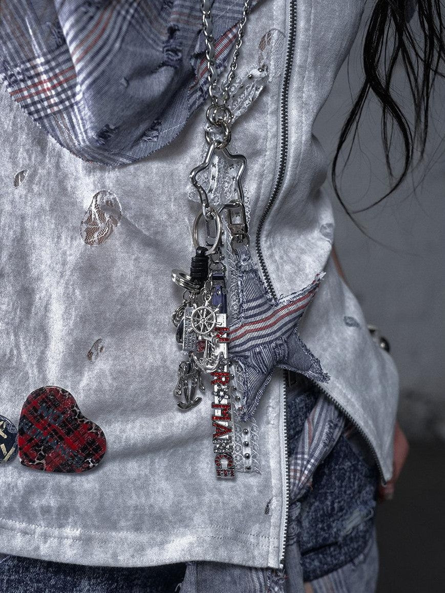 NO ROMANCE Pentagram Punk Rock Chain Women'S Lace Rhinestone Metal Keychains