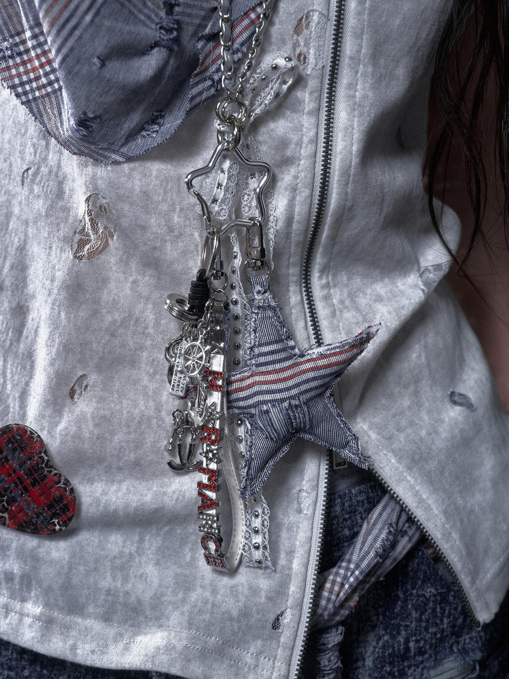 NO ROMANCE Pentagram Punk Rock Chain Women'S Lace Rhinestone Metal Keychains