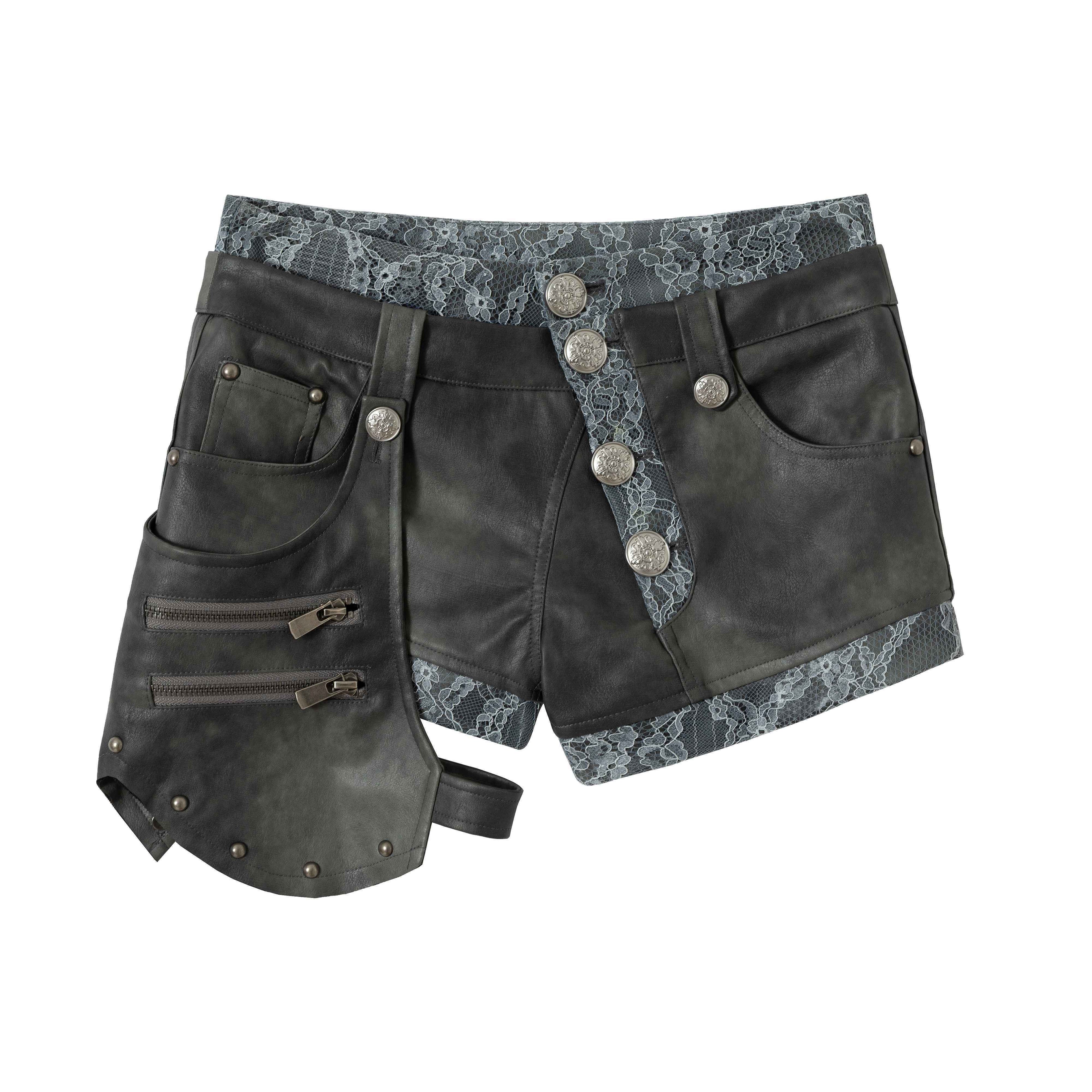 NO_ROMANCE_Punk_Lace_Detachable_Asymmetric_Low_Waist_Women'S_Faux_Leather_Short_Trousers_MISSTT