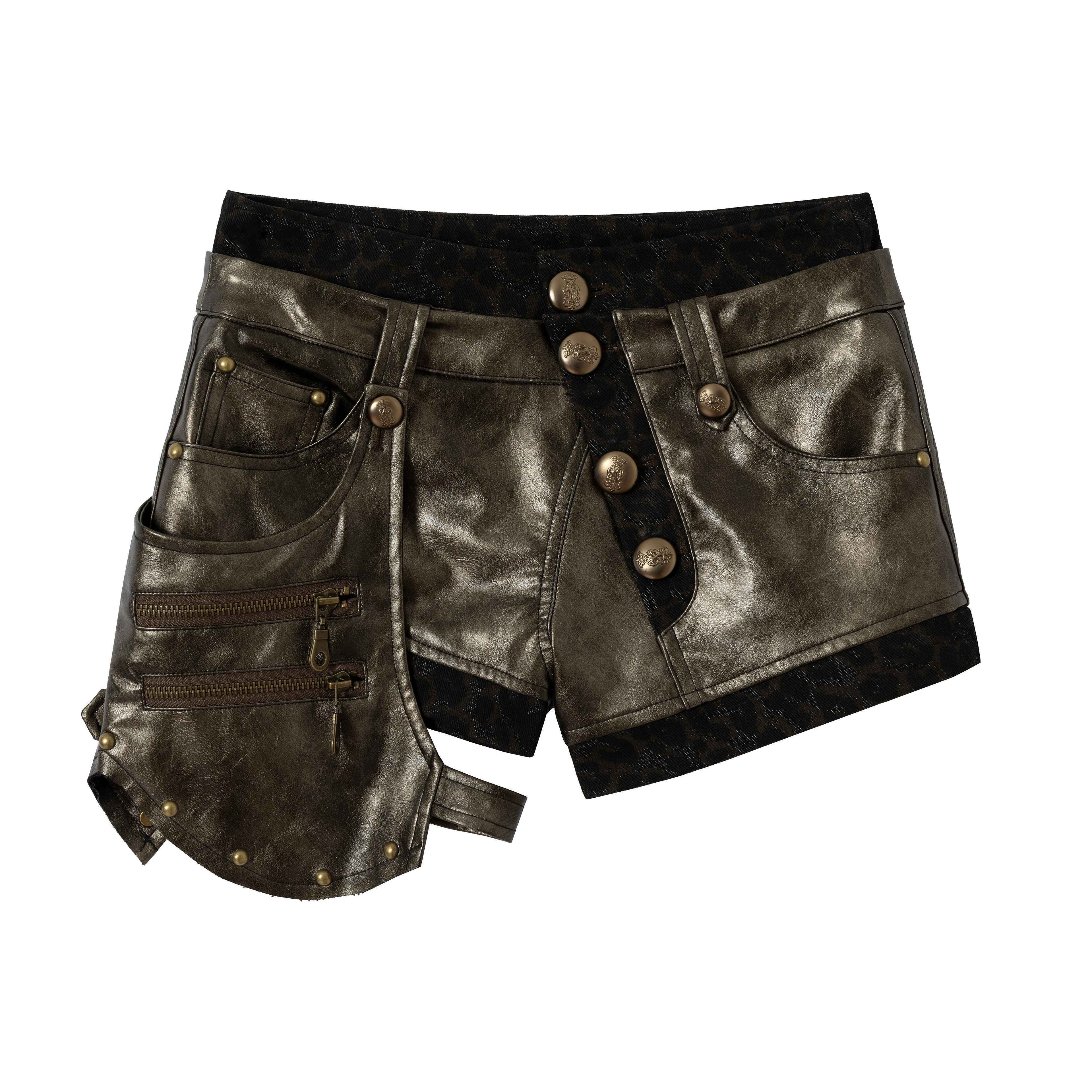 NO_ROMANCE_Punk_Lace_Detachable_Asymmetric_Low_Waist_Women'S_Faux_Leather_Short_Trousers_MISSTT