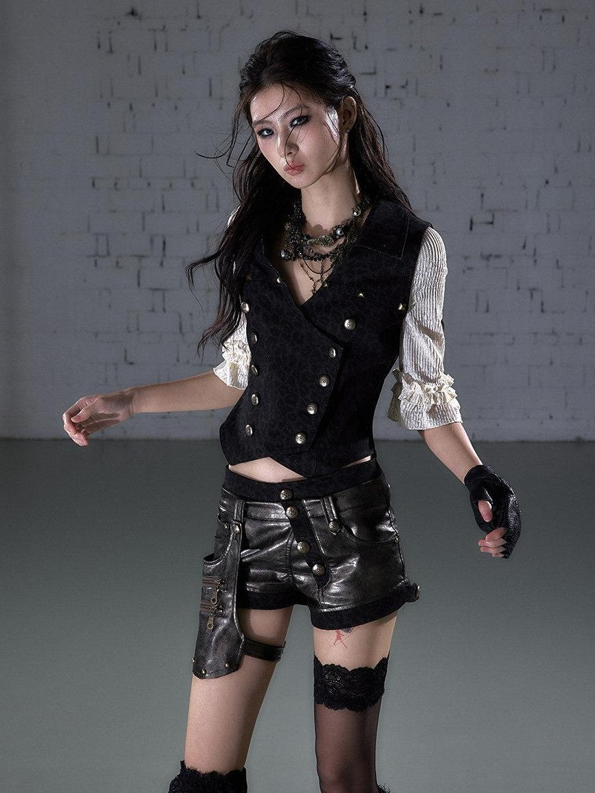 NO ROMANCE Punk Lace Detachable Asymmetric Low Waist Women'S Faux Leather Short Trousers