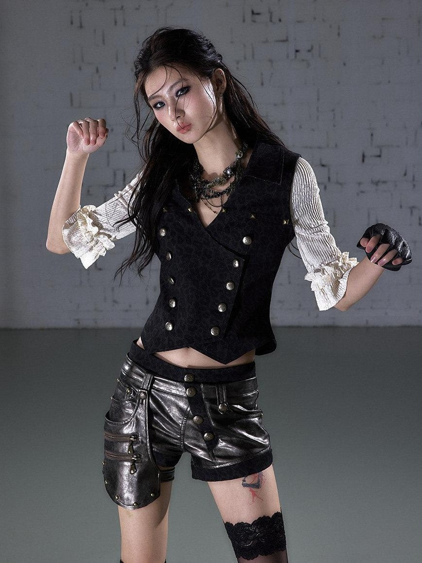 NO ROMANCE Punk Lace Detachable Asymmetric Low Waist Women'S Faux Leather Short Trousers