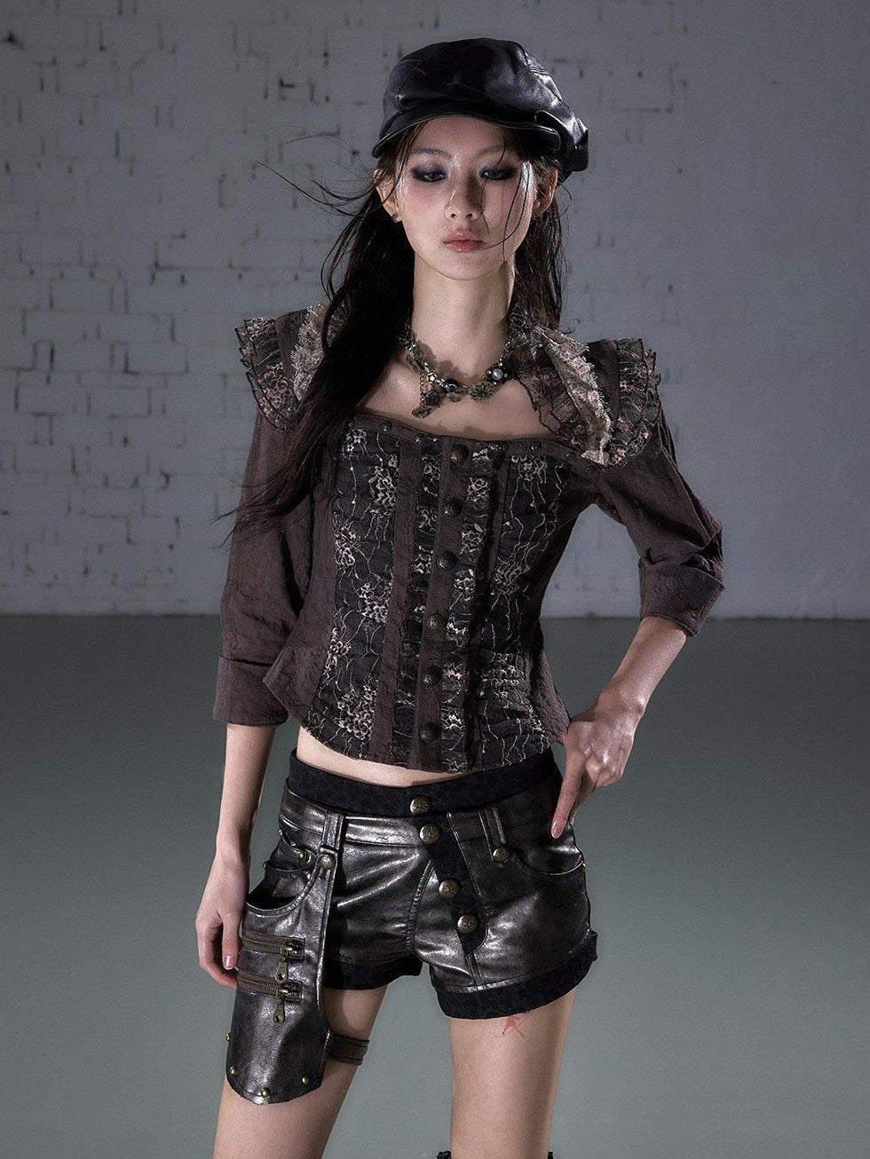 NO ROMANCE Punk Lace Detachable Asymmetric Low Waist Women'S Faux Leather Short Trousers