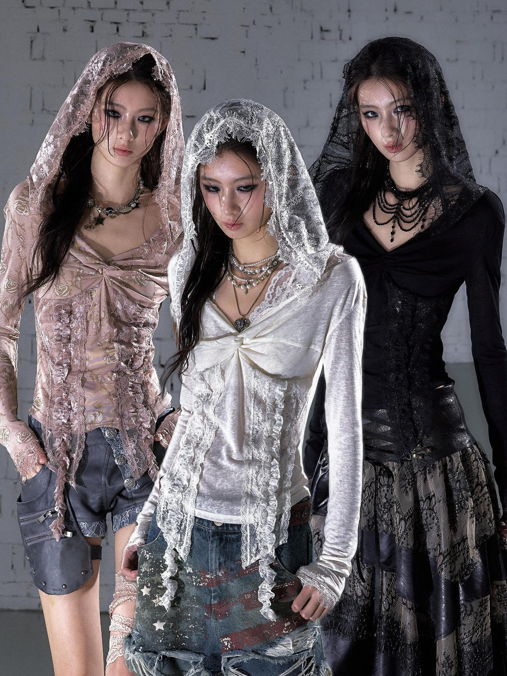 NO ROMANCE Punk Lace Twist Knot One Shoulder Hooded Women'S Polyester Hoodies