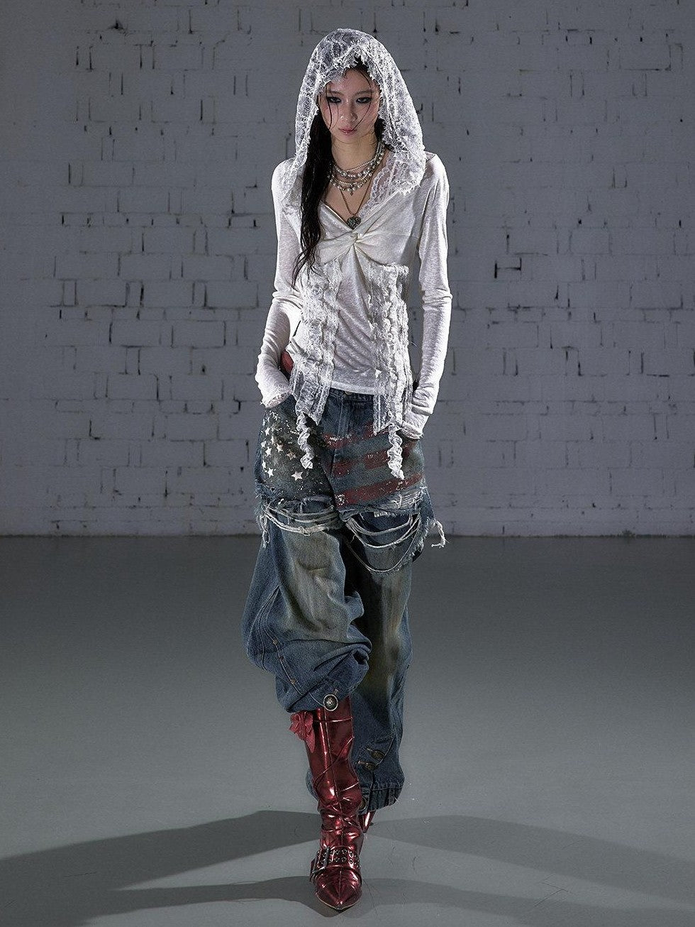 NO ROMANCE Punk Lace Twist Knot One Shoulder Hooded Women'S Polyester Hoodies