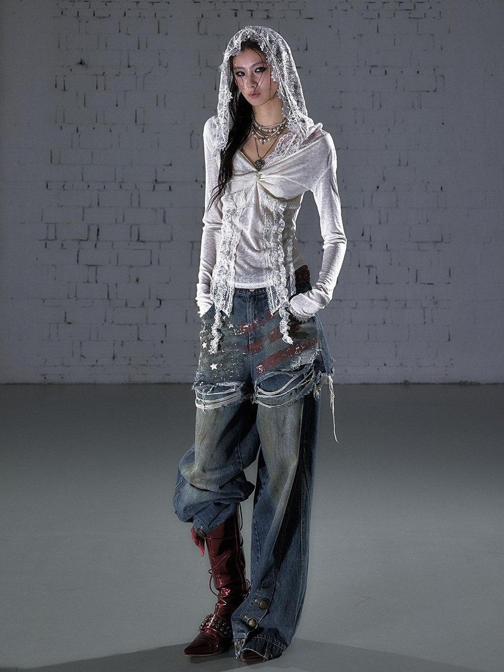 NO ROMANCE Punk Lace Twist Knot One Shoulder Hooded Women'S Polyester Hoodies