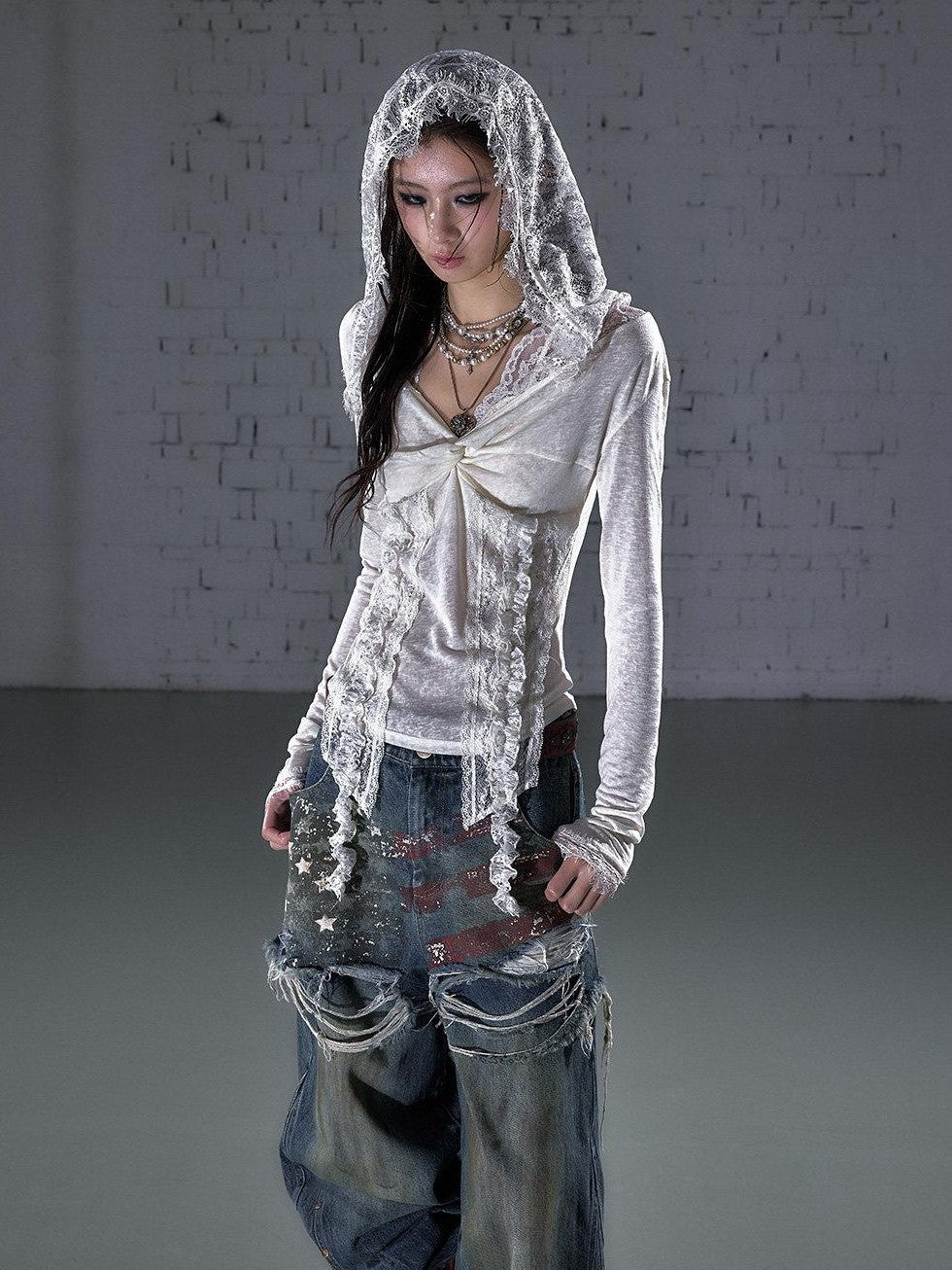 NO ROMANCE Punk Lace Twist Knot One Shoulder Hooded Women'S Polyester Hoodies
