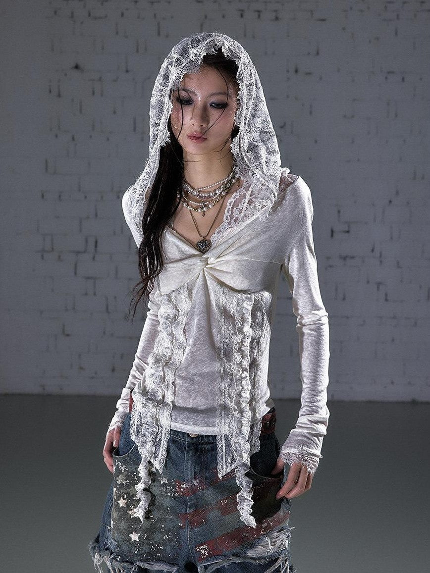 NO ROMANCE Punk Lace Twist Knot One Shoulder Hooded Women'S Polyester Hoodies