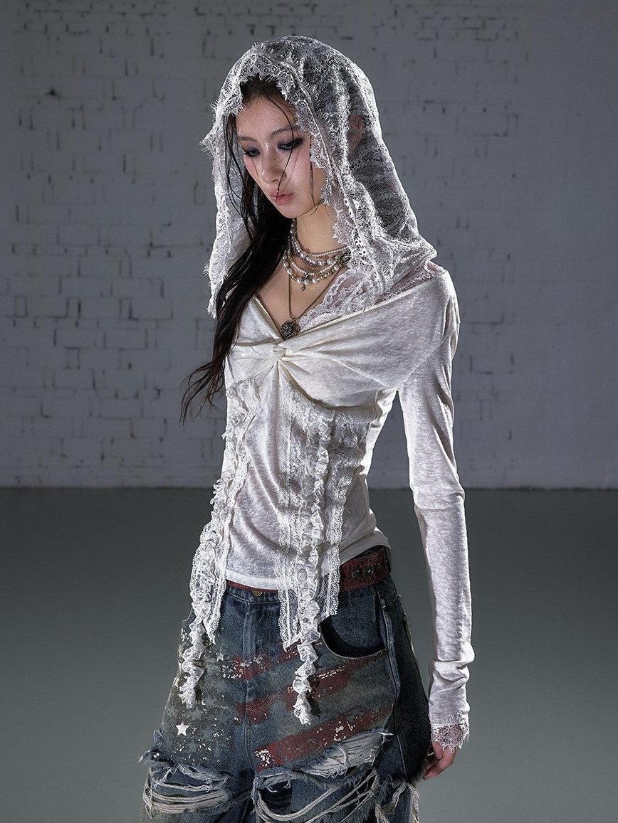 NO ROMANCE Punk Lace Twist Knot One Shoulder Hooded Women'S Polyester Hoodies
