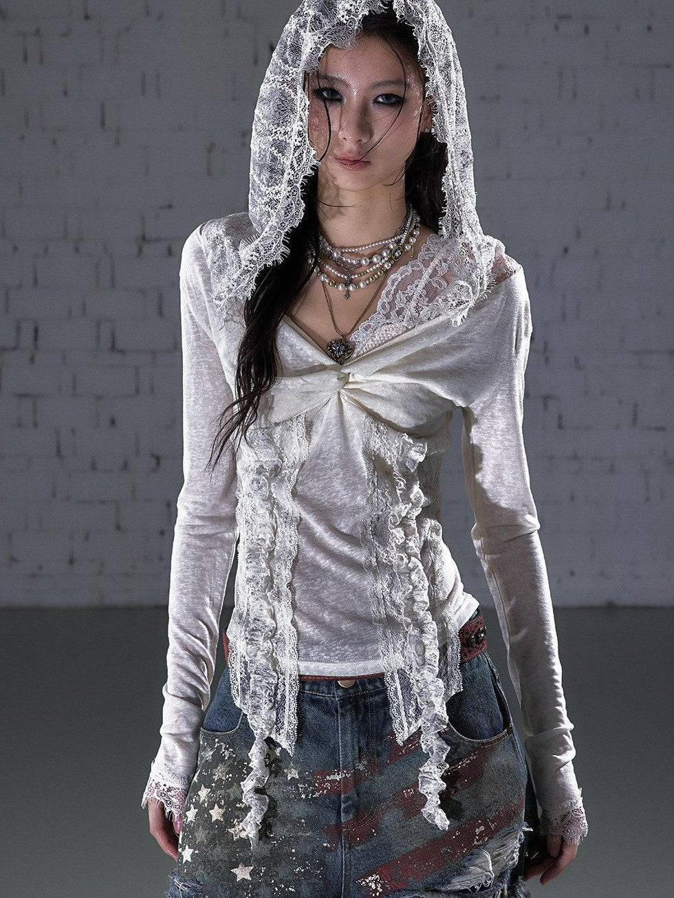 NO ROMANCE Punk Lace Twist Knot One Shoulder Hooded Women'S Polyester Hoodies