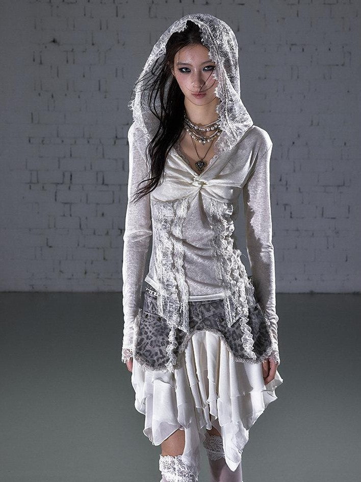 NO ROMANCE Punk Lace Twist Knot One Shoulder Hooded Women'S Polyester Hoodies