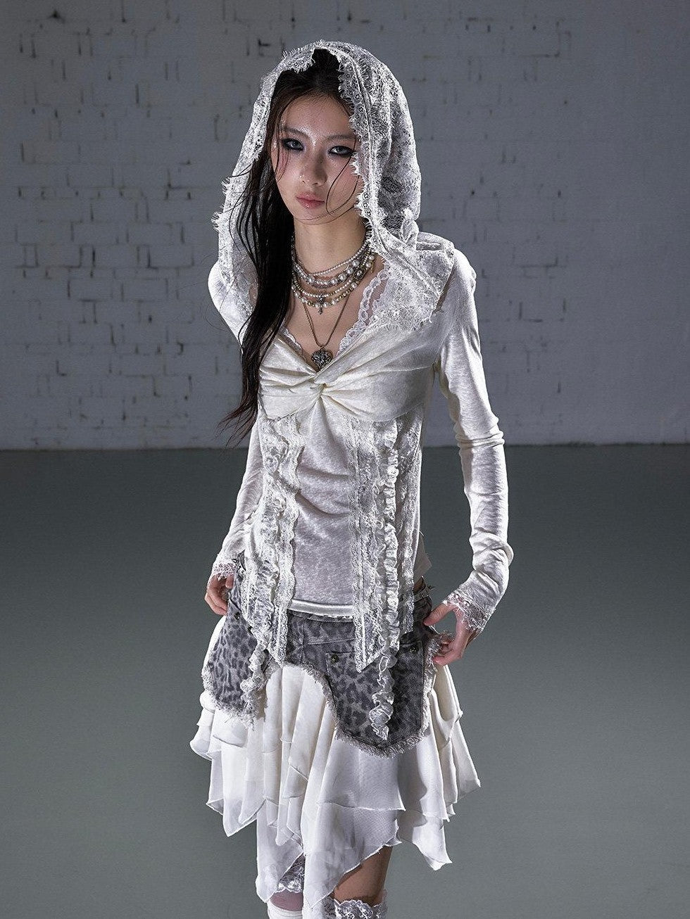 NO ROMANCE Punk Lace Twist Knot One Shoulder Hooded Women'S Polyester Hoodies